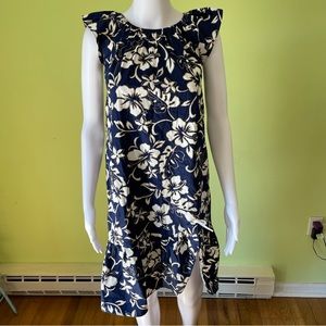 VINTAGE HILO HATTIE BLUE HIBISCUS FLOWER GRAPHIC LUAU RUFFLE DRESS SIZE SMALL